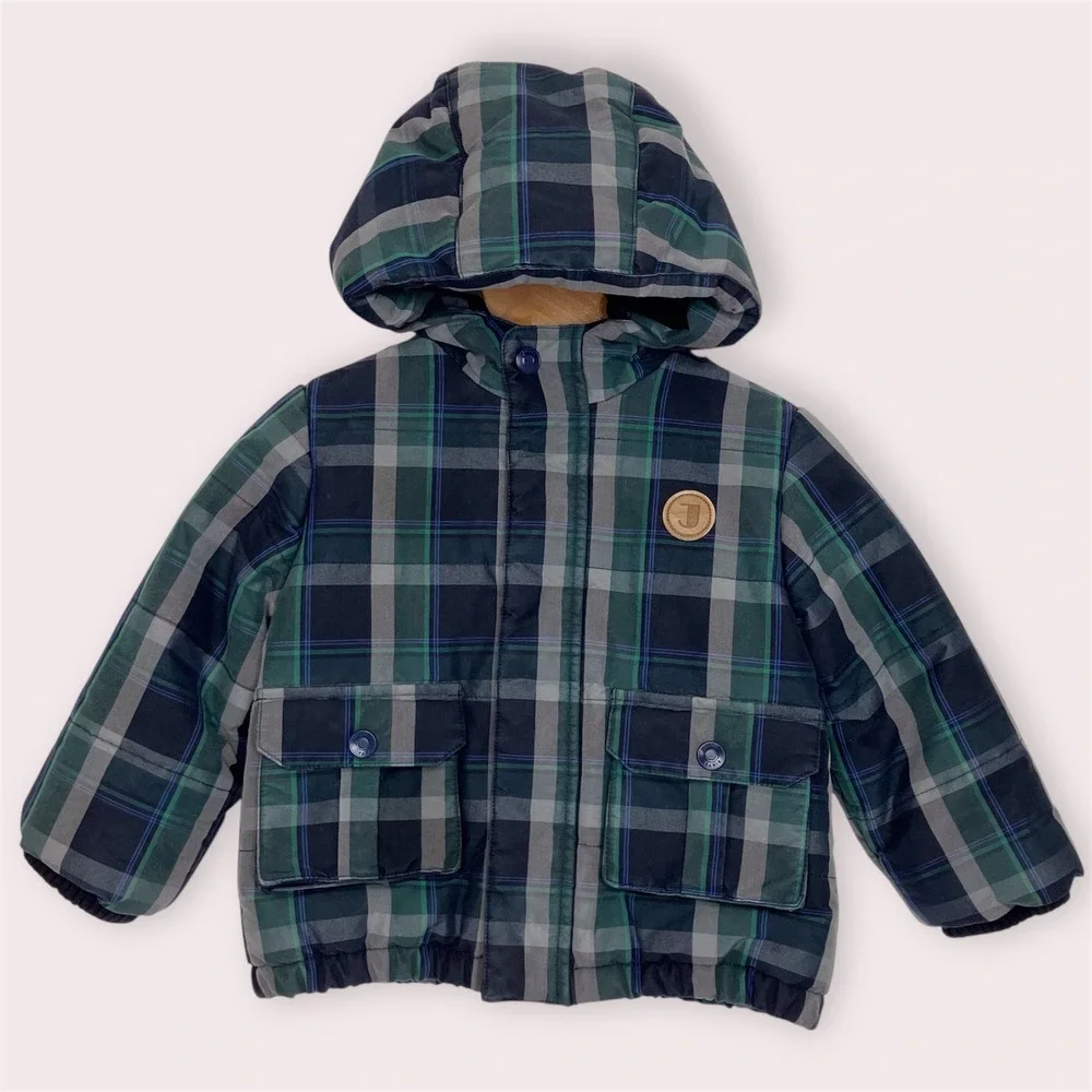 Jacadi Paris Hooded Puffer Jacket Navy &‎ Green Plaid Winter Outerwear 18 Months